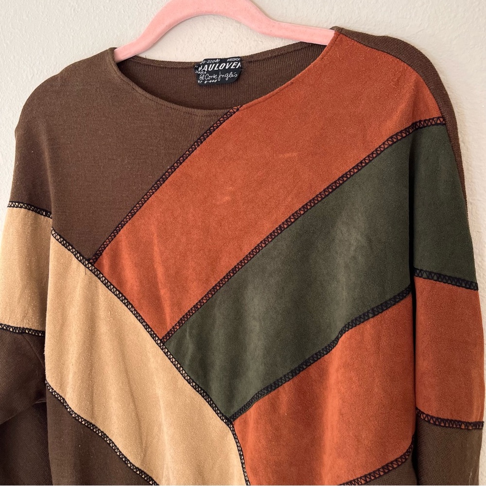 Naulover Corte Ingles Faux Suede Patxhwork Sweater Size Medium Vintage Brown‎ - Picture 2 of 9